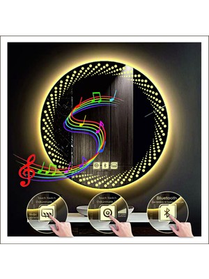 Dnr-Mirror90 Cm Günışığı Ledli Tasarım Kumlamalı Dokunmatik Bluetoothlu Buğu Önleyicili Makyaj Banyo Aynası