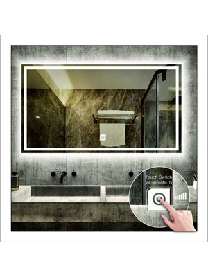 Dnr-Mirror70x90 Cm Günışığı Ledli Tasarım Kumlamalı Dokunmatik Tuşlu Banyo Aynası Makyaj Aynası Işıklı Ayna