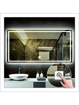 Dnr-Mirror70x90 Cm Günışığı Ledli Tasarım Kumlamalı Dokunmatik Tuşlu Banyo Aynası Makyaj Aynası Işıklı Ayna