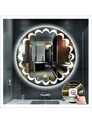 Dnr-Mirror50 Cm Beyaz Ledli Tasarım Kumlamalı Dokunmatik Tuşlu Banyo Aynası Makyaj Aynası Işıklı Ayna