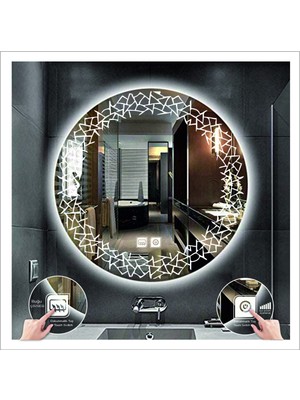 Dnr-Mirror55 Cm Beyaz Ledli Tasarım Kumlamalı Dokunmatik Tuşlu Buğu Önleyicili Banyo Aynası Makyaj Aynası