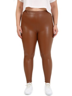 Disentis Modest Büyük Beden Beli Lastikli Bilek Hizasında Kahverengi Deri Tayt