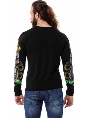 Cipo & Baxx CL514 Kurukafa Baskılı Siyah Sweatshirt