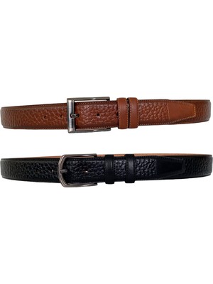 Goderi Hakiki Kaliteli Deri 2'li Set, Dikişli Klasik Kumaş Pantolon Kemeri; Siyah, Kahverengi 3,5 cm