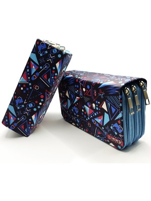 Limmy Kalem Kutusu Mavi Geometrik Desenli Organizer Kalemkutu Üç Bölmeli Kalemlik