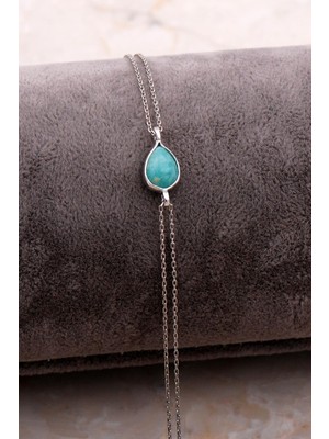 Sümer Telkari Doğal Amazonit Taşlı Damla Mini Rodyumlu Gümüş Bileklik 4114