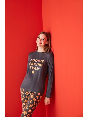 Penti Koyu Gri Cookie Team Baskılı Termal Pijama Takımı