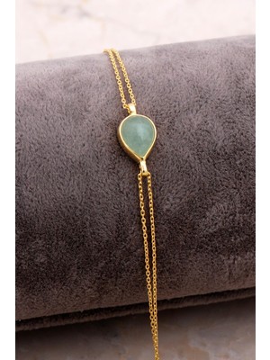 Sümer Telkari Doğal Prenhit Taşlı Damla Mini Altın Yaldızlı Gümüş Bileklik 4133