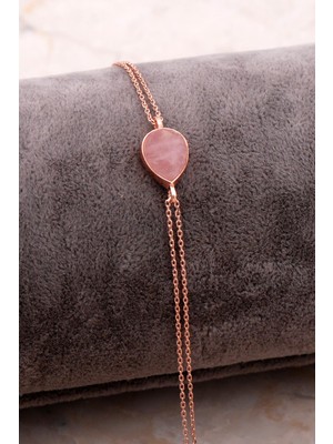 Sümer Telkari Doğal Pembe Kuvars Taşlı Damla Mini Rose Gümüş Bileklik 4137