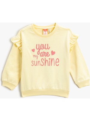 Koton Fırfırlı Sweatshirt Baskılı Uzun Kollu Bisiklet Yaka Şardonlu