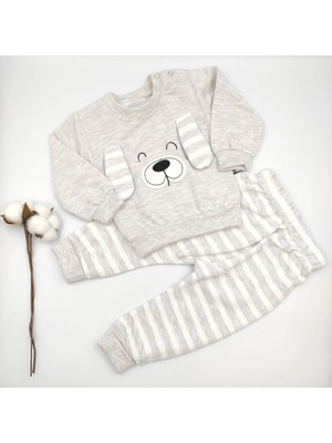Bebek Star Kulak Detaylı Çizgili Taş - Bej %100 Cotton Bebek Takımı