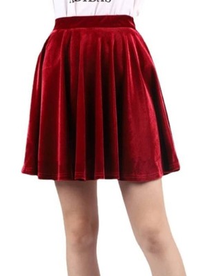 NSM Life Kırmızı Yüksek Bel Kloş Kadife Etek