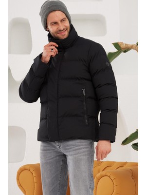 Erkek Dik Yaka Yağmur ve Rüzgar Geçirmez Puffer Mont Siyah