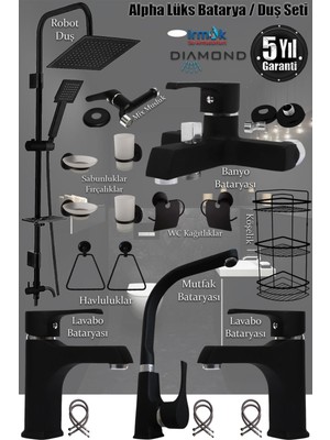 Tesitay Irmak Lavabo Banyo Mutfak Bataryası ve Robot Duş Siyah Banyo Seti Armatür Musluk Batarya Duş Alpha