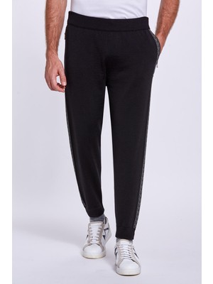 Hemington Şerit Detaylı Siyah Merino Yün Spor Triko Pantolon