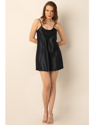 Doremi Kadın Kısa Saten Gecelik İnce Askılı Siyah Renkli Rahat Kullanım