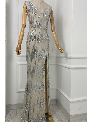 Ges Moda G0418 V Yaka Yırtmaç Detaylı Maksi Payet Elbise Silver