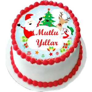 Yenilebilir Pasta Resmi Yılbaşı Modeli Mutlu Yıllar Yazılı  6-8-10 Kişilik 16 cm