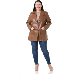 Disentis Modest Büyük Beden Torba Cepli Düğmeli Astarlı Kahverengi Suni Deri Ceket