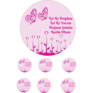 Yenilebilir Pasta Resmi Pembe Kelebekli Model Pirinç Kağıdından 6-8-10 Kişilik Pastaya Uygun 16 cm