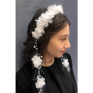 Bba New Trend  Incili Tüllü Lazer Çiçekli Taç Gelin Tacı Kına Tacı Lohusa Tacı