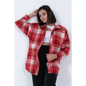 Hamile Yandan Cepli Önden Fermuarlı Ekose Oduncu Gömlek Kırmızı