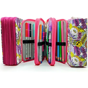 Kalem Kutusu Wow Oops Boom Smile Desenli Kawai Organizer Kalemkutu Üç Bölmeli Kalemlik