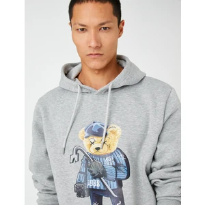 Basic Kapşonlu Sweatshirt Şardonlu Ayı Baskılı Uzun Kollu