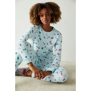 Açık Mavi Kış Konseptli Termal Pijama Takımı