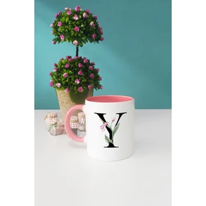 Çiçek Desenli Y Harfli Kupa Bardak Pembe