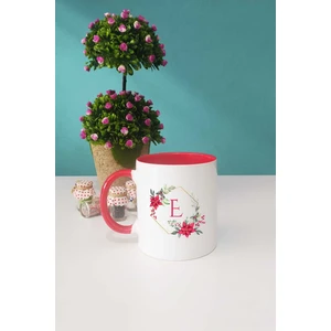 Çiçekli E Harfli Kupa Bardak Kırmızı