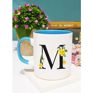 Çiçekli Harf Tasarımlı M Kupa Bardak Mavi