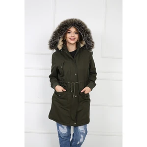 Buket Tekstil Kadın Haki Peluşlu Oversize Gabardin Kumaş Içi Suni Kürklü Kaban Mont