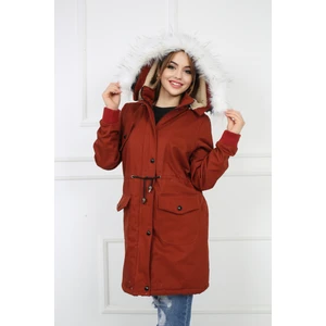 Buket Tekstil Kadın Kiremit Peluşlu Oversize Gabardin Kumaş Içi Suni Kürklü Kaban Mont