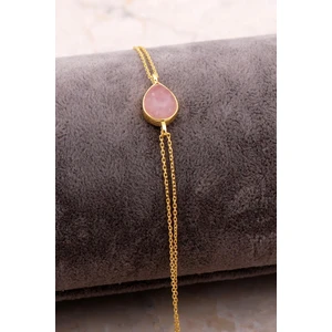 Sümer Telkari Doğal Pembe Kuvars Taşlı Damla Mini Altın Yaldızlı Gümüş Bileklik 4136