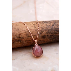 Sümer Telkari Doğal Rodonit Taşlı Damla Mini Rose Gümüş Kolye 7734