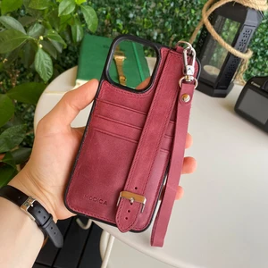 Aura - iPhone 13 Pro Max Hakiki Deri Kaplama Kart Bölmeli Telefon Kılıfı