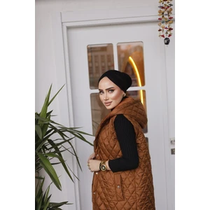 Grej Fashion Kadın Kapüşonlu Uzun Kapitone Yelek Yanı Yırtmaçlı