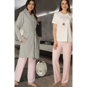 Effort Kadın Pembe Tavşan Baskılı Emzirme Özellikli Lohusa Hamile Sabahlıklı Pijama Takımı 2070