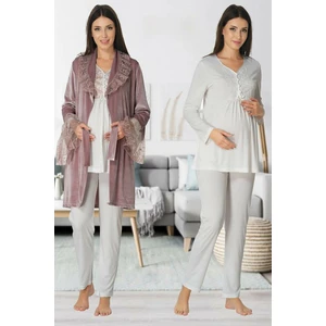 Puerpera Effort Kadın Kışlık Gül Kurusu Kadife Sabahlıklı Lohusa Hamile Pijama Takımı 8088