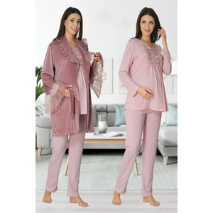 Puerpera Effort Kadın Kışlık Pudra Kadife Sabahlıklı Lohusa Hamile Pijama Takımı 8088