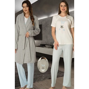 Effort Kadın Mavi Tavşan Baskılı Emzirme Özellikli Lohusa Hamile Sabahlıklı Pijama Takımı 2070