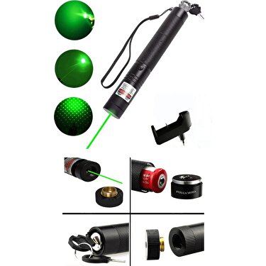 Şarjlı Anahtar Emniyetli Yeşil Lazer Pointer 1000mW Yüksek Güçlü Lazer  İşaretliyici 15 Km Etkili Işık Led