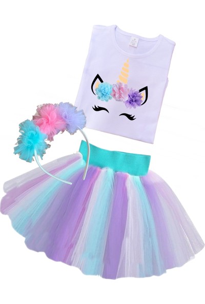 Bba New Trend Unicorn T-Shirt,renkli Tütü Etek,unicorn Taç,doğum Günü Unicorn Set Unicorn Kostüm Kısa Kollu