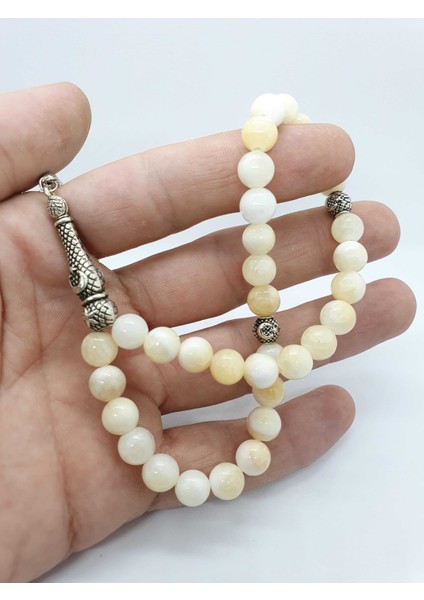 Aragonit Doğal Taş Tesbih 8 mm Krem Beyaz Damarlı