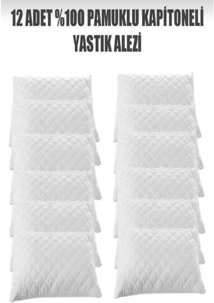 12 Adet Kapitoneli Sıvı Geçirmez Yastık Alezi Yastık Koruyucu Yastık Kılıfı Pamuklu Beyaz 50 x 70 cm