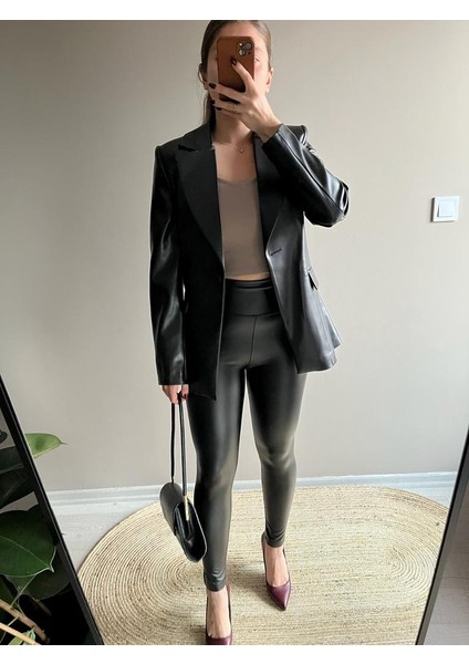 Yüksek Bel Içi Şardonlu Kışlık Mat Deri Tayt