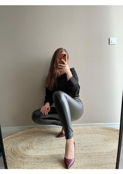 Yüksek Bel Içi Şardonlu Kışlık Mat Deri Tayt modelleri