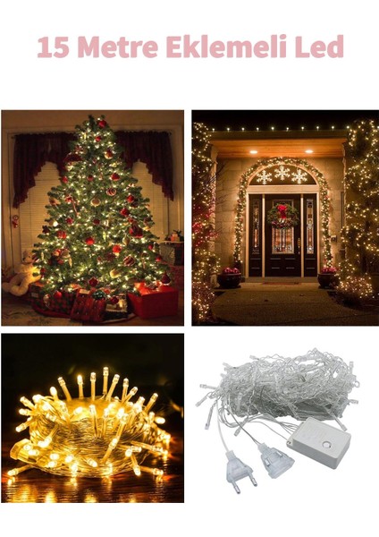 Fonksiyonlu Sarı 15 Metre Dekor LED - Çam Ağacı Süsü Yılbaşı Süsü - Pirinç LED