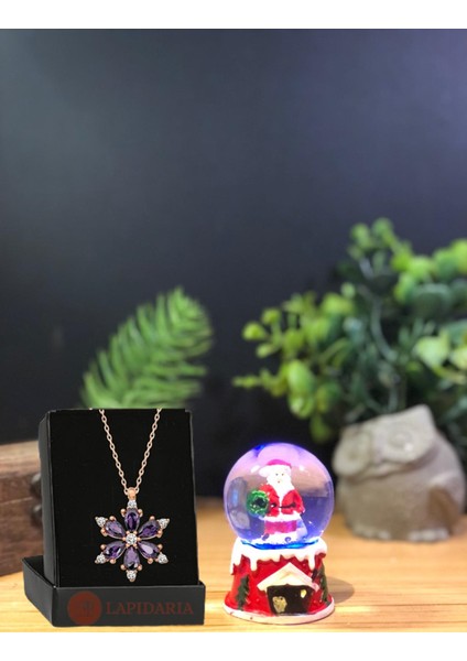 Noel Baba Yılbaşı Temalı Işıklı Kar Küresi Minik Boy ve Kamelya Lotus Çiçeği Kolye